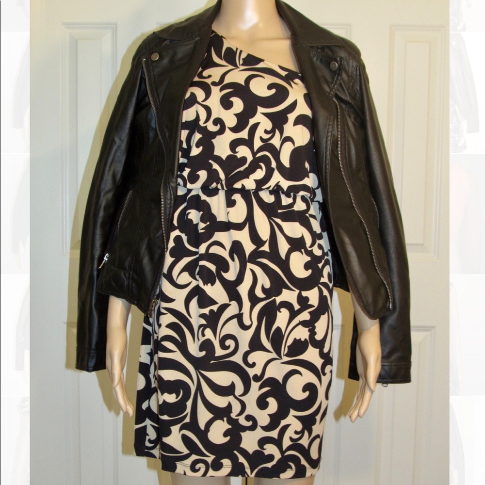 One-Shoulder Black and Creme Midi Dress